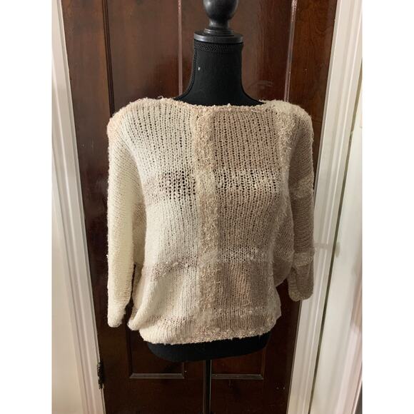 Vintage 90s Side Effects Hand Knit Acrylic Sweater White Beige Checked MEDIUM - Picture 8 of 13